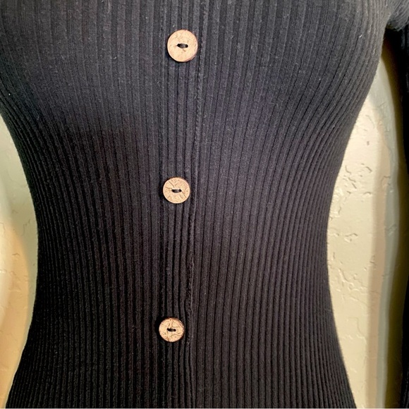 Black Ribbed Knit Off Shoulders Bodycon Mini Dress with Long Sleeves S - Picture 4 of 9